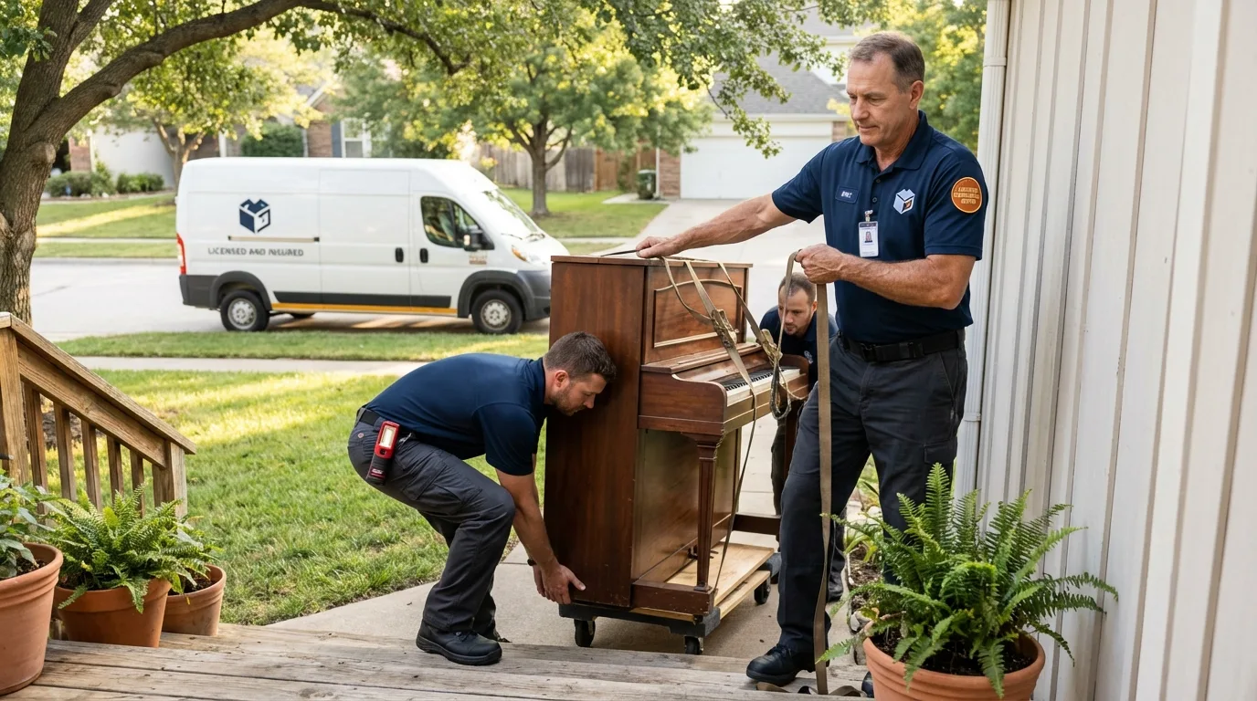 Licensed piano movers securing grand piano in Horseheads, NY