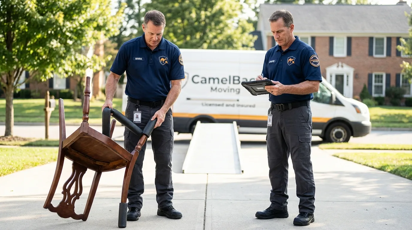 Movers inspecting furniture for damage prevention before loading in Horseheads, NY