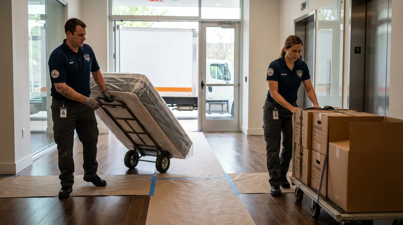 Professional apartment movers loading elevator in Horseheads, NY